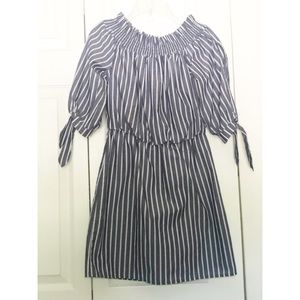 Gray and White Striped Off Shoulder Dress with Open Sleeves and Ties